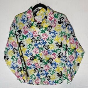 Vintage Esprit Sport Pop Art Multicolour Faces Print Button Up Shirt S RARE